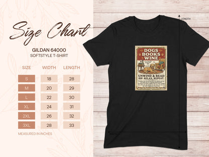 Gildan 64000 t-shirt size chart with graphic of books, wine, and dog.