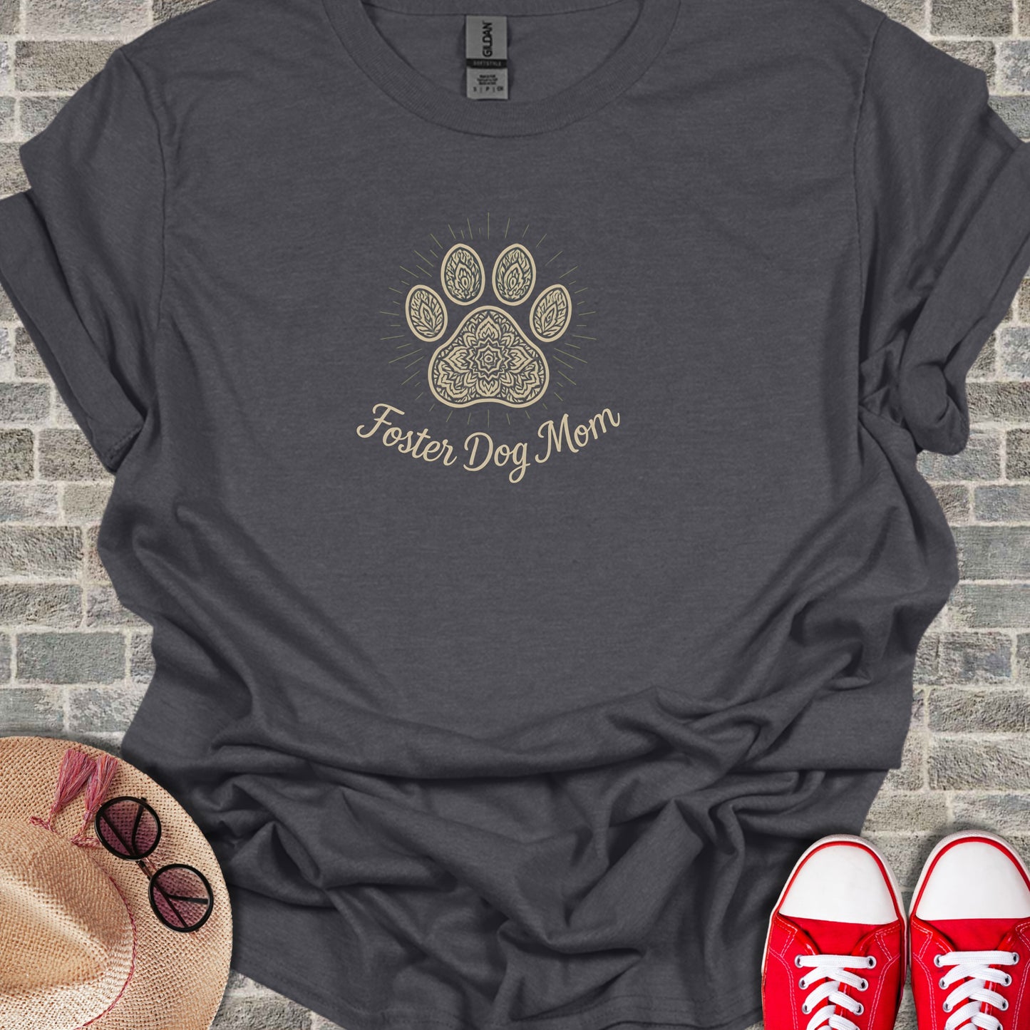 Dark grey t-shirt with "Foster Dog Mom" and a paw print design.