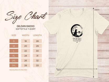 Gildan 64000 softstyle t-shirt size chart with dog graphic.