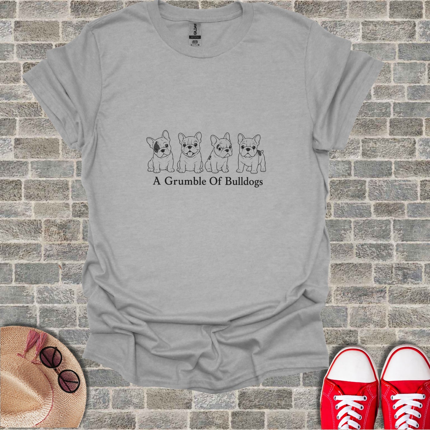 Grey t-shirt with line drawing of four French bulldogs and "A Grumble of Bulldogs" text.