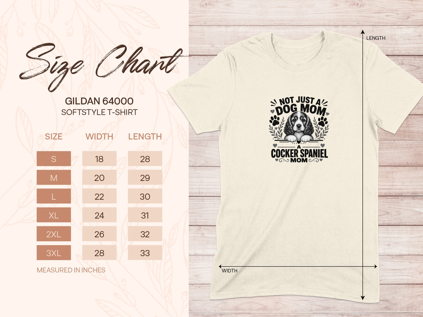 Cream Gildan 64000 t-shirt with Cocker Spaniel graphic and size chart.