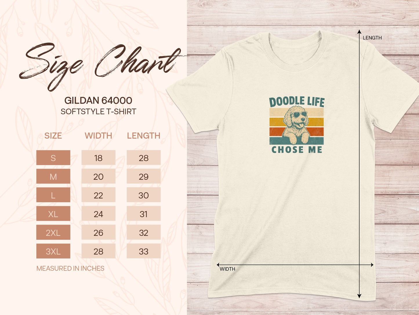 Cream t-shirt with "Doodle Life Chose Me" graphic and size chart.
