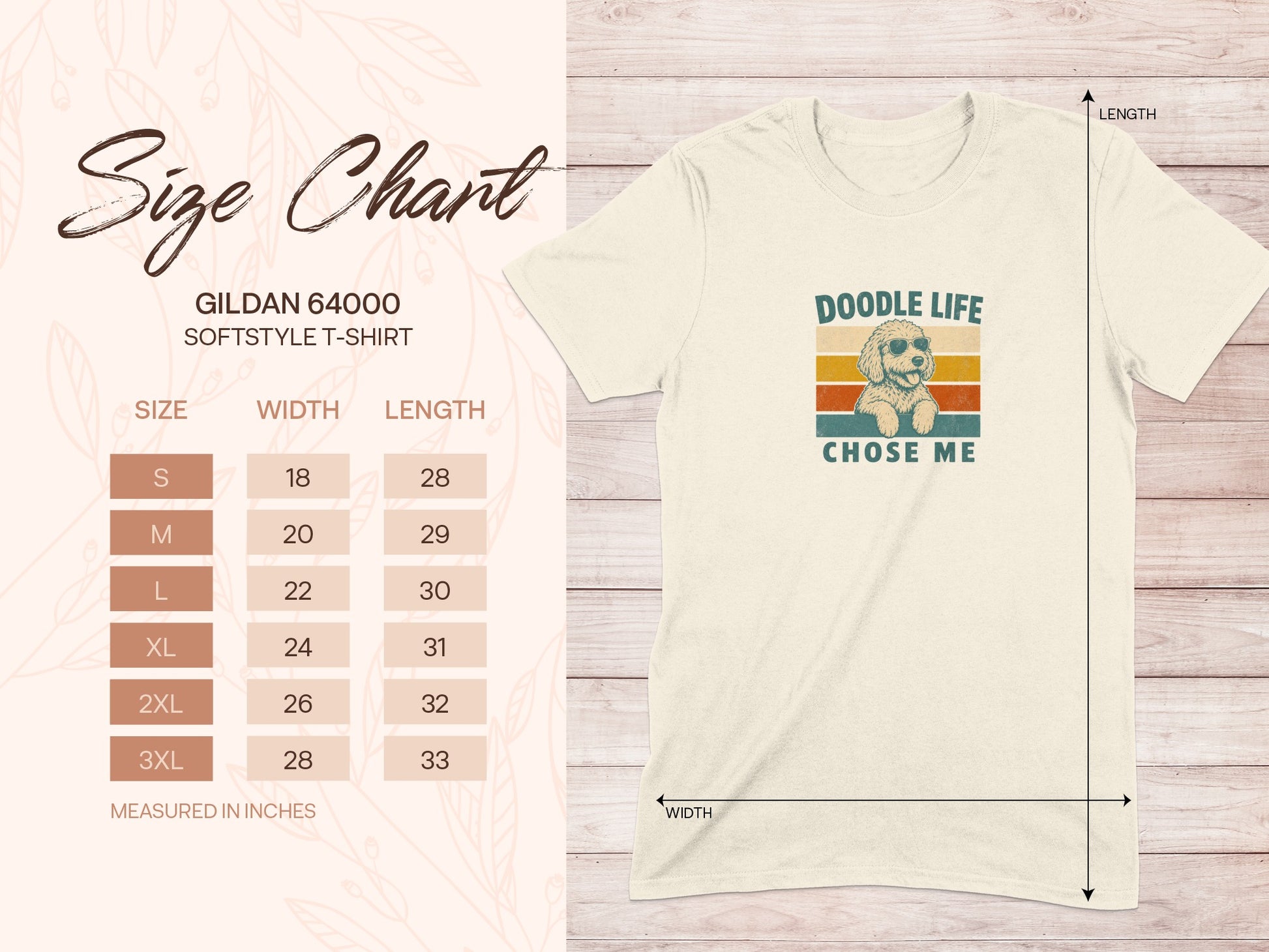 Cream t-shirt with "Doodle Life Chose Me" graphic and size chart.