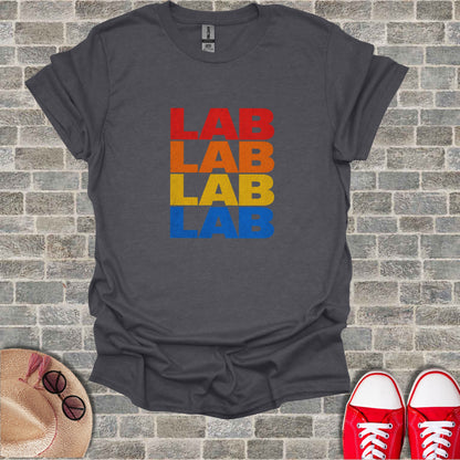 Charcoal t-shirt with "LAB" repeated in orange, red, and blue.