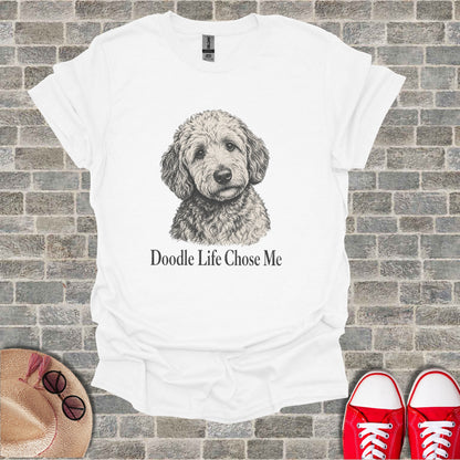 White t-shirt with a sketched goldendoodle and text "Doodle Life Chose Me".