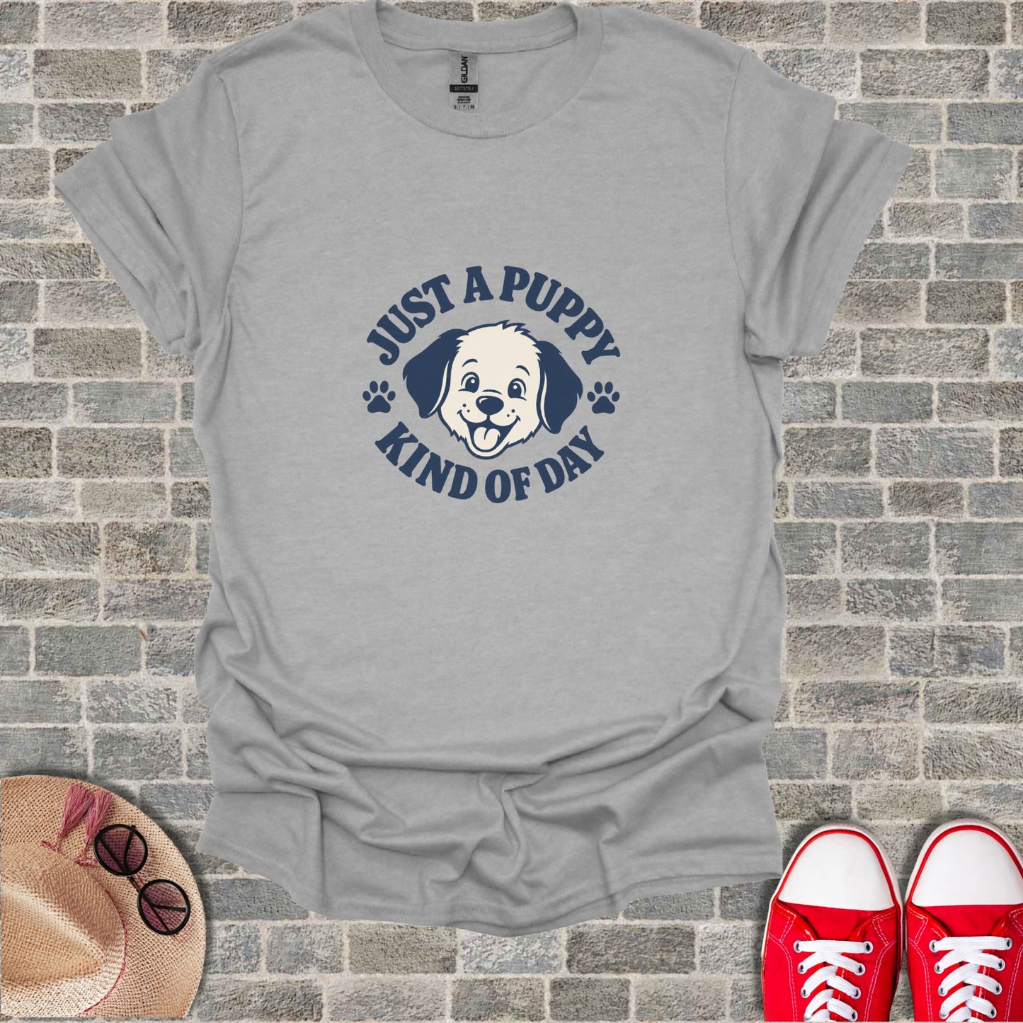 Gray t-shirt with "Just a puppy kind of day" graphic.
