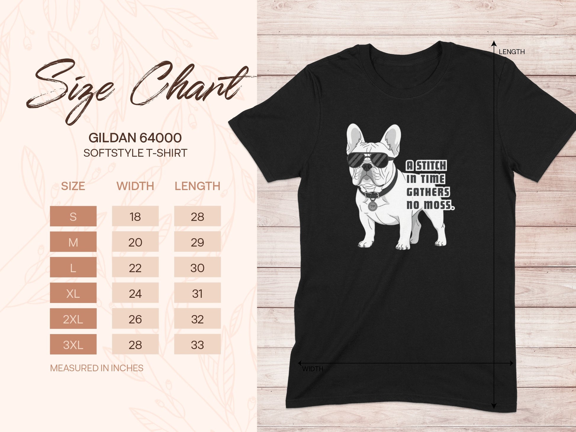 Gildan 64000 t-shirt size chart with French bulldog graphic.
