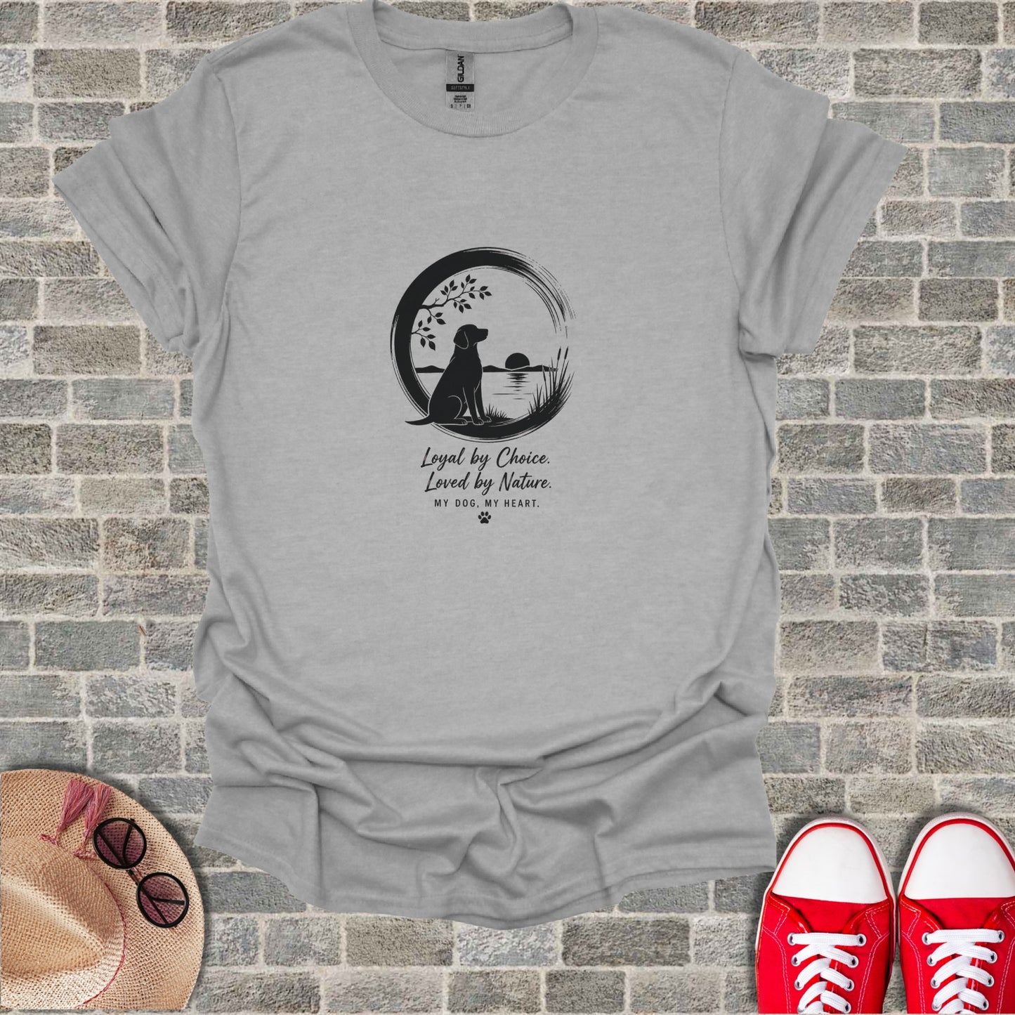 Gray t-shirt with "Loyal by Choice. Loved by Nature. MY DOG, MY HEART." text and dog silhouette.
