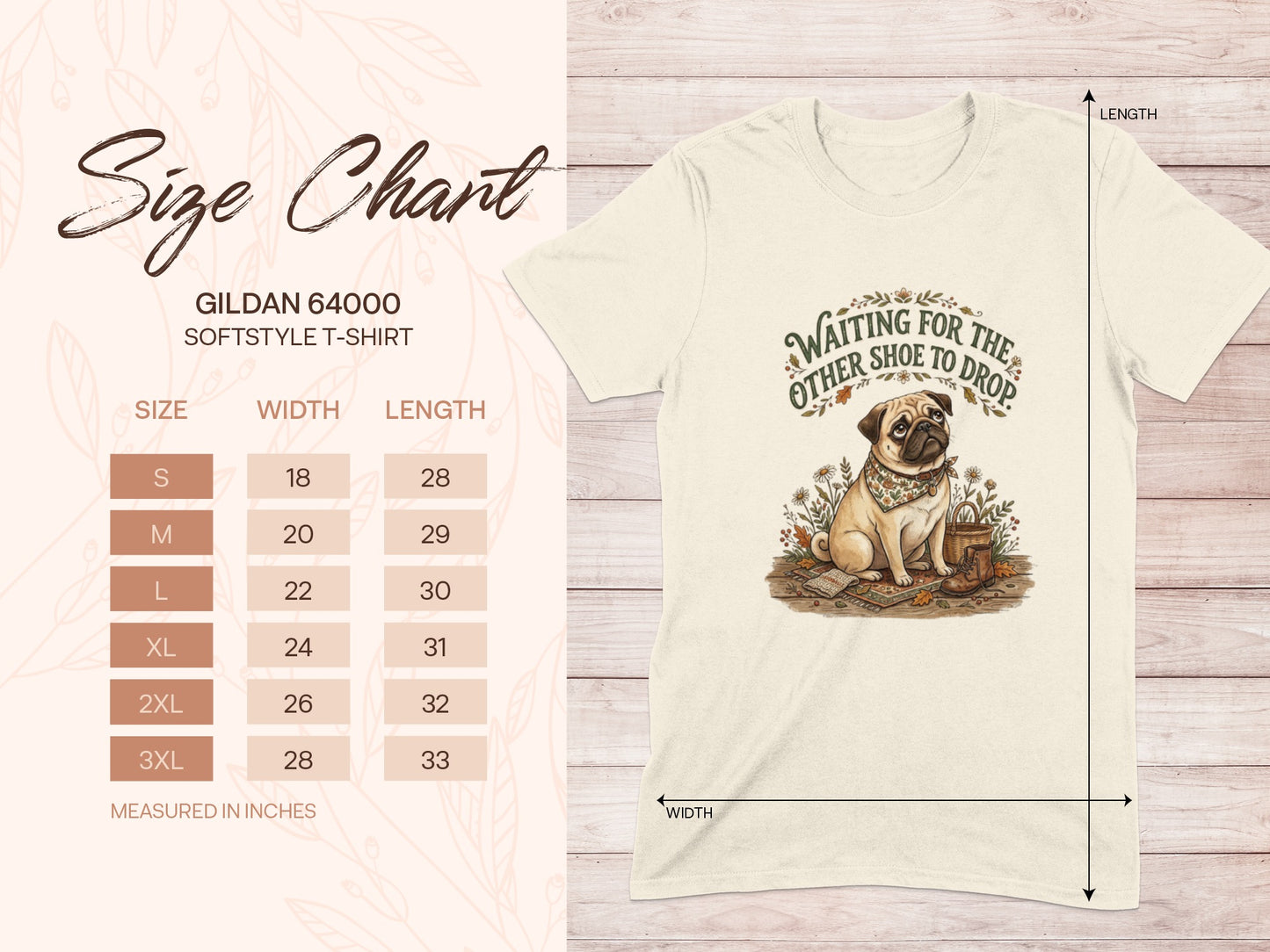 Gildan 64000 size chart for softstyle t-shirt with pug illustration.
