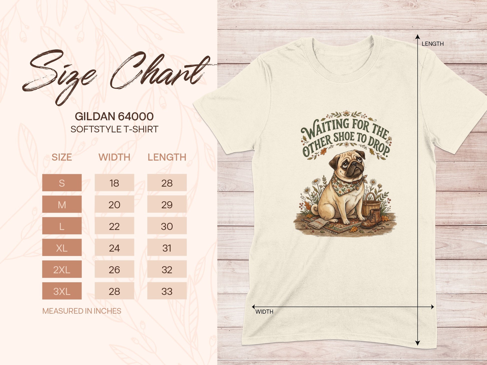 Gildan 64000 size chart for softstyle t-shirt with pug illustration.