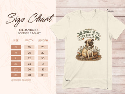 Gildan 64000 size chart for softstyle t-shirt with pug illustration.