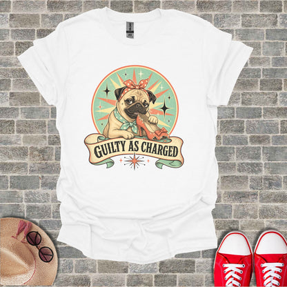 White t-shirt with pug wearing bandana and scarf holding a high heel shoe.