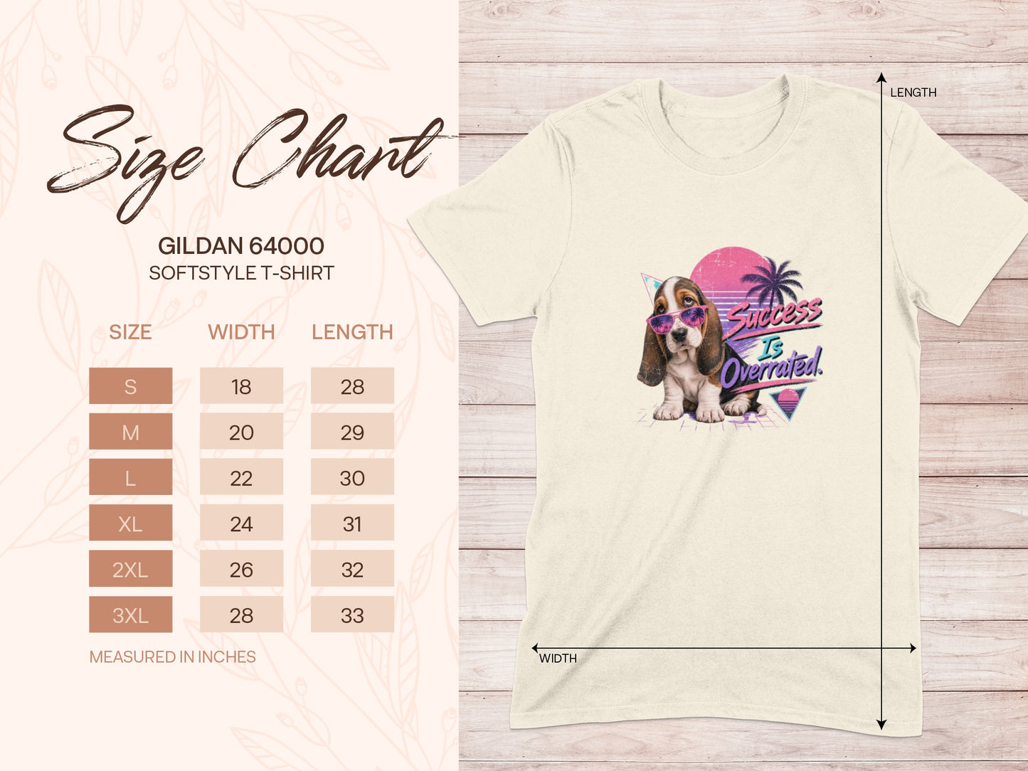 Gildan 64000 size chart with dog wearing sunglasses and text "Success Is Overrated."