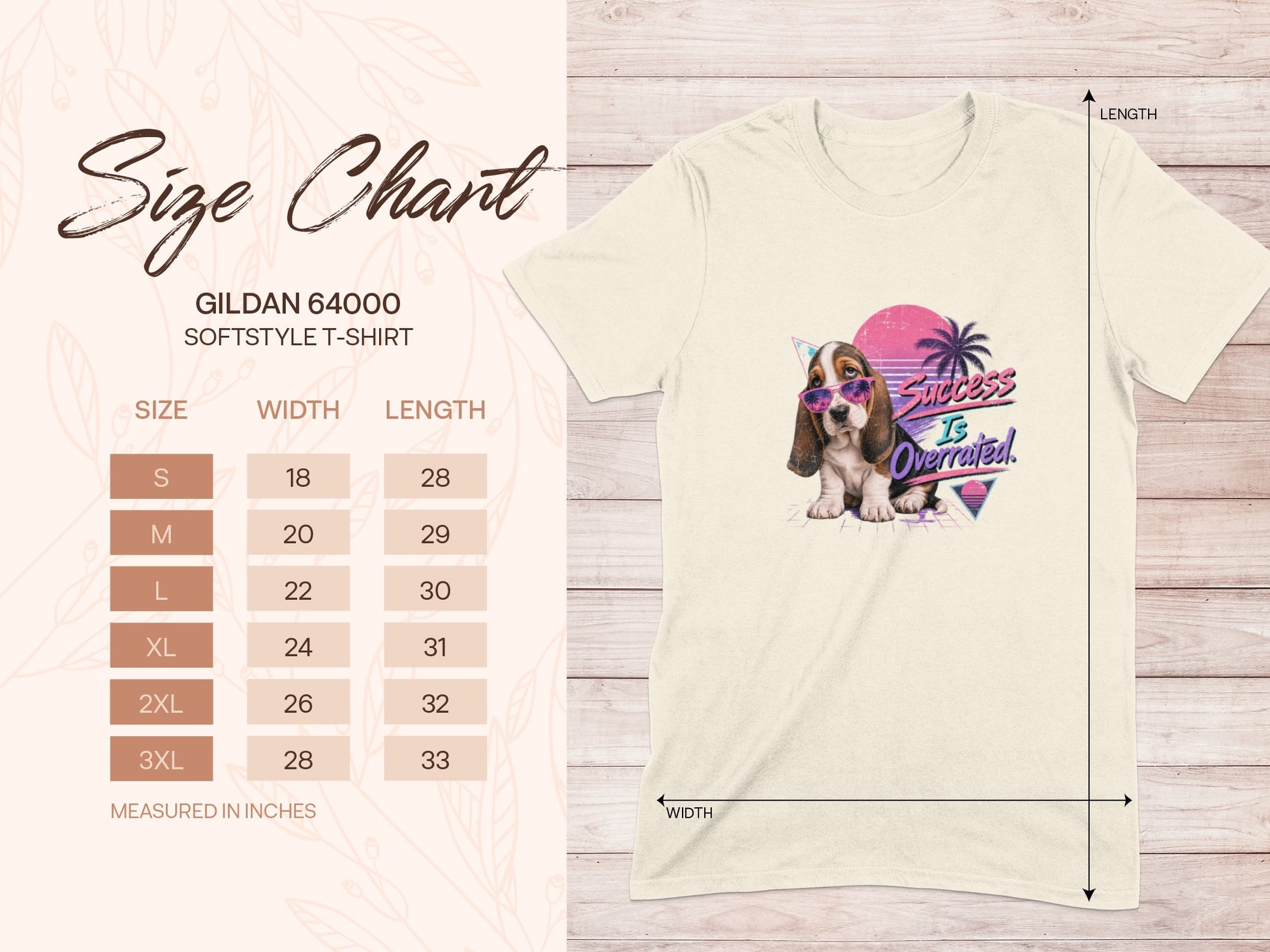 Gildan 64000 size chart with dog wearing sunglasses and text "Success Is Overrated."