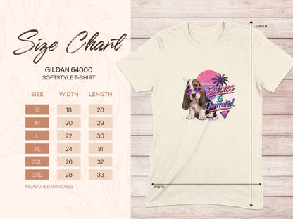 Gildan 64000 size chart with dog wearing sunglasses and text "Success Is Overrated."