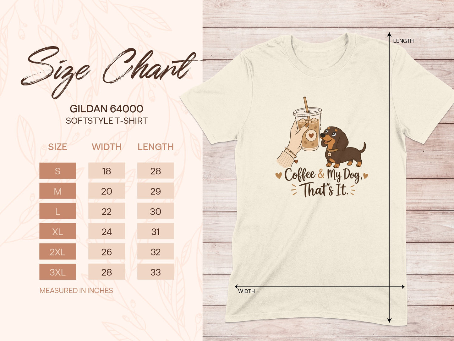 Gildan 64000 Softstyle T-shirt size chart and illustration of coffee and dog.