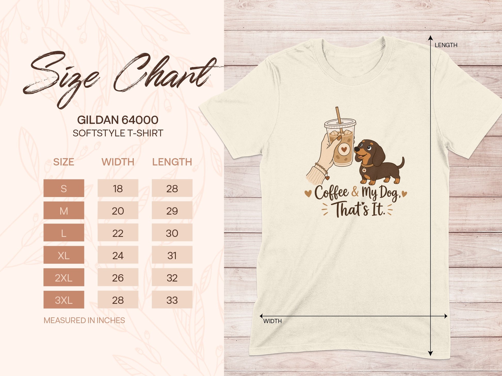 Gildan 64000 Softstyle T-shirt size chart and illustration of coffee and dog.