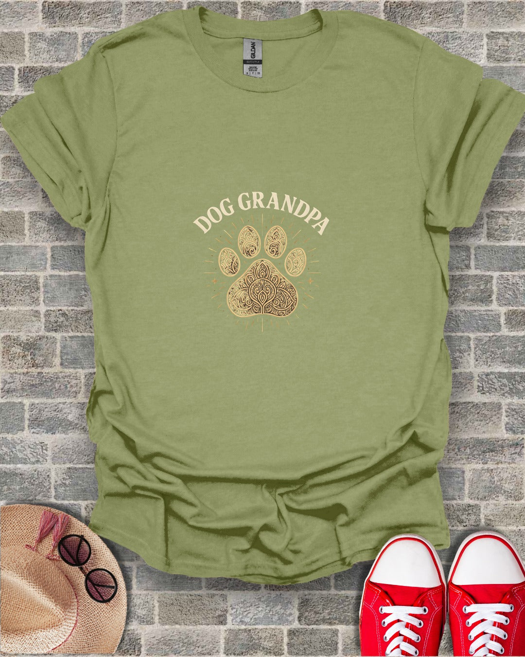Olive green t-shirt with "DOG GRANDPA" and paw print design.