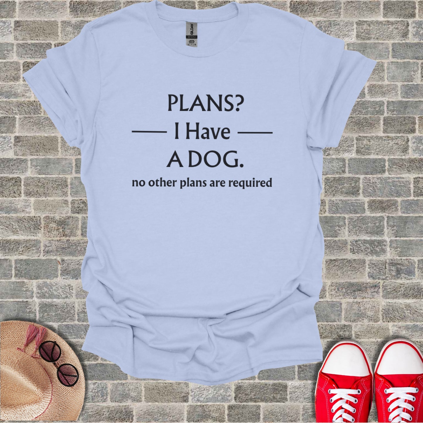 Light blue t-shirt with black text: "PLANS? I Have A DOG. no other plans are required".