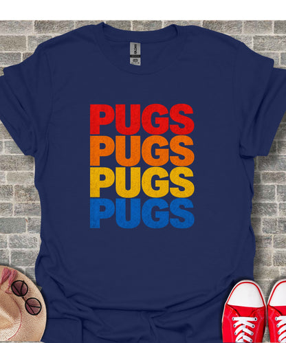 Navy t-shirt with "PUGS" repeated four times in colorful block letters.