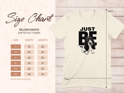 Gildan 64000 Softstyle t-shirt size chart with dog graphic.