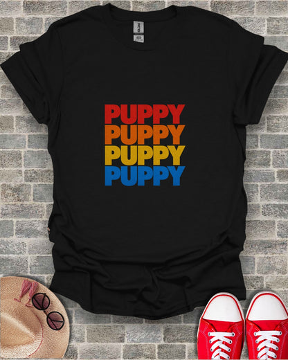 Black t-shirt with "PUPPY" in red, orange, and yellow text.