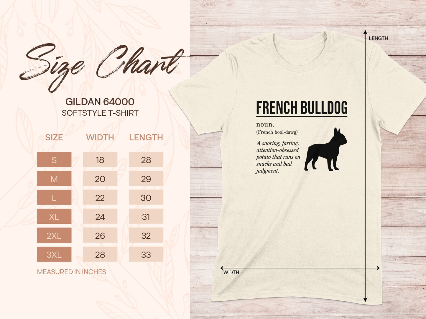 Gildan 64000 size chart for French Bulldog t-shirts.