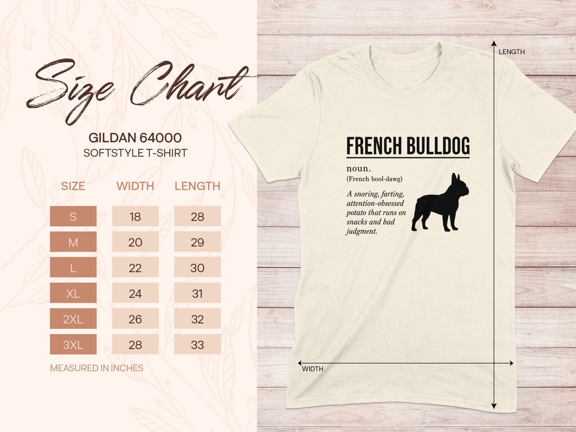 Gildan 64000 size chart for French Bulldog t-shirts.