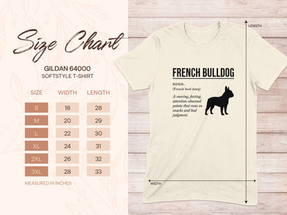 Gildan 64000 size chart for French Bulldog t-shirts.