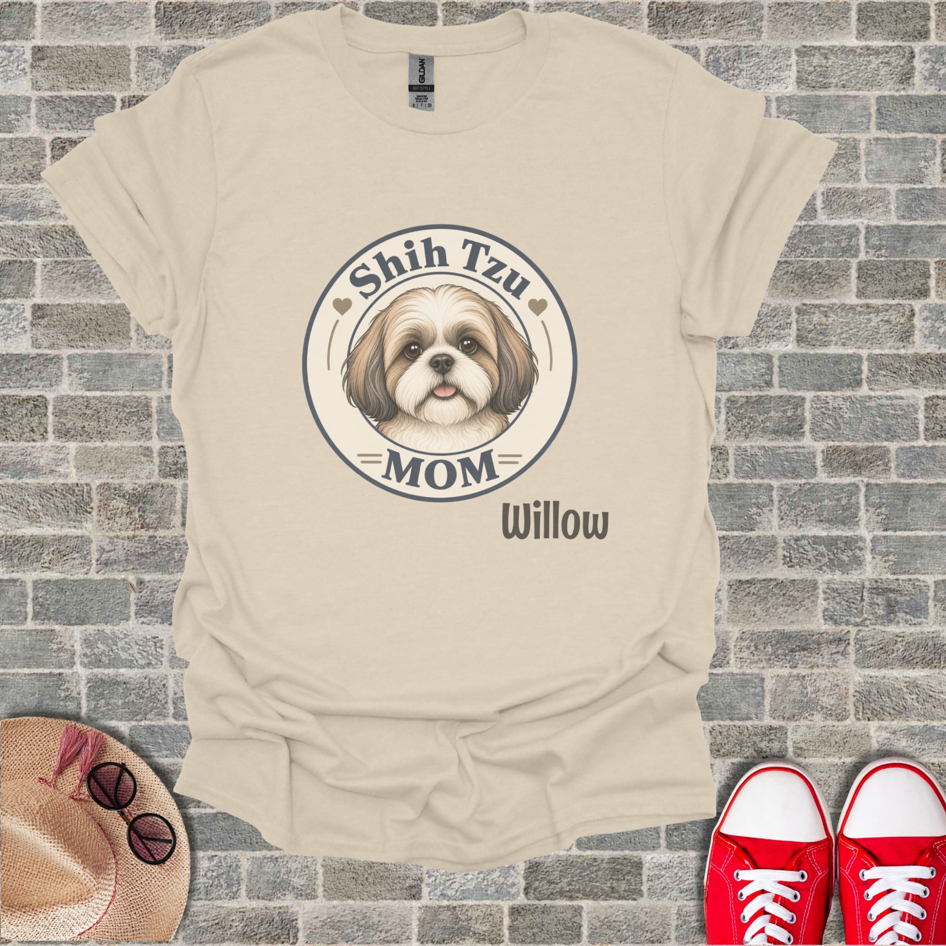 T-shirt with a Shih Tzu dog illustration and text "Shitzu Mom Willow".