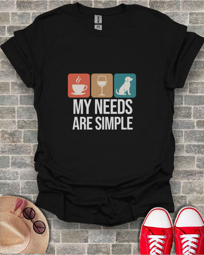 Black t-shirt with coffee, wine, and dog icons and text "My Needs Are Simple".