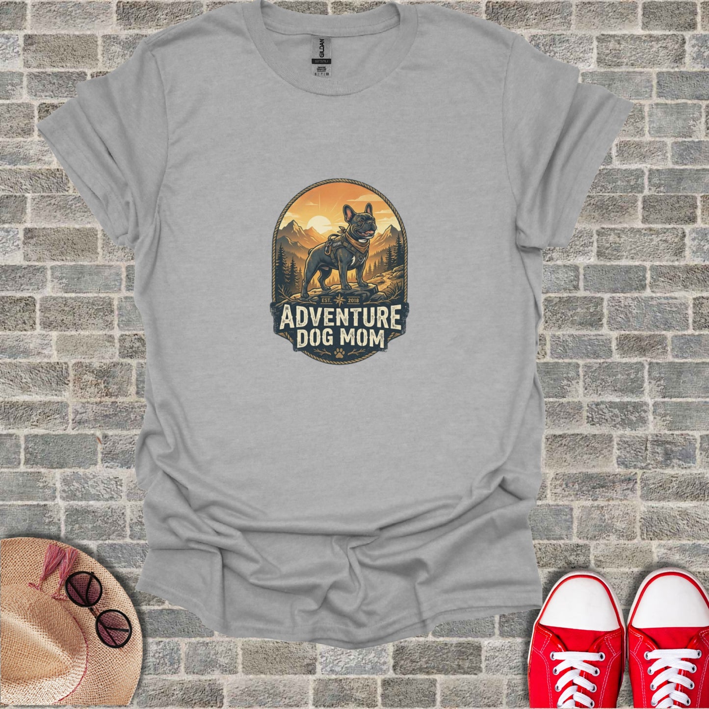 Gray t-shirt with "Adventure Dog Mom" text and a French bulldog in a mountain landscape.