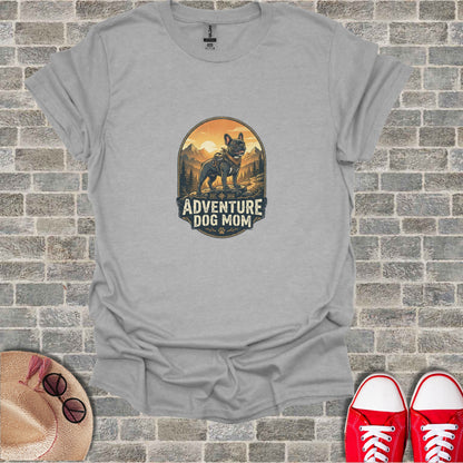 Gray t-shirt with "Adventure Dog Mom" text and a French bulldog in a mountain landscape.