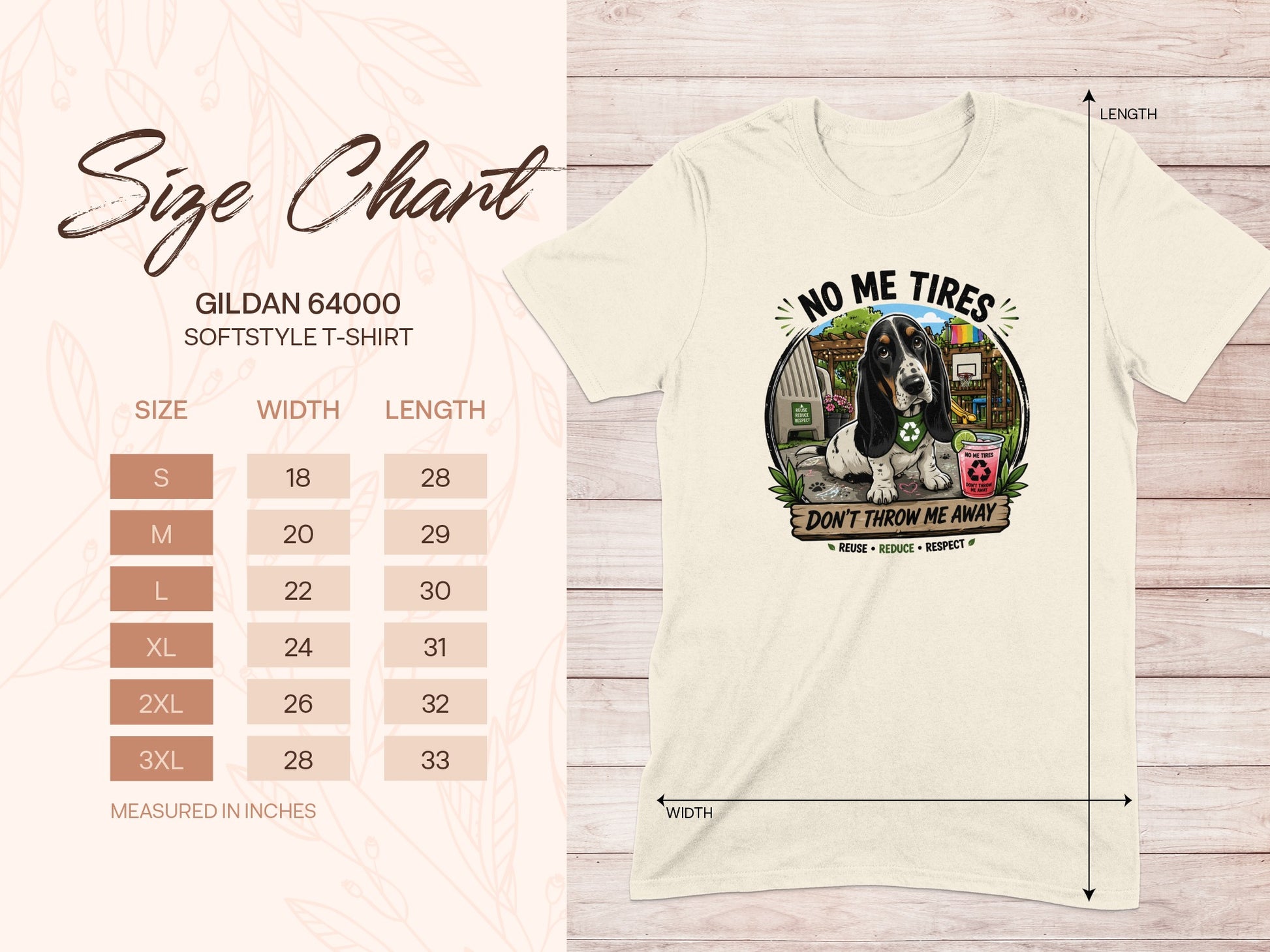 Gildan 64000 softstyle t-shirt size chart with measurements.