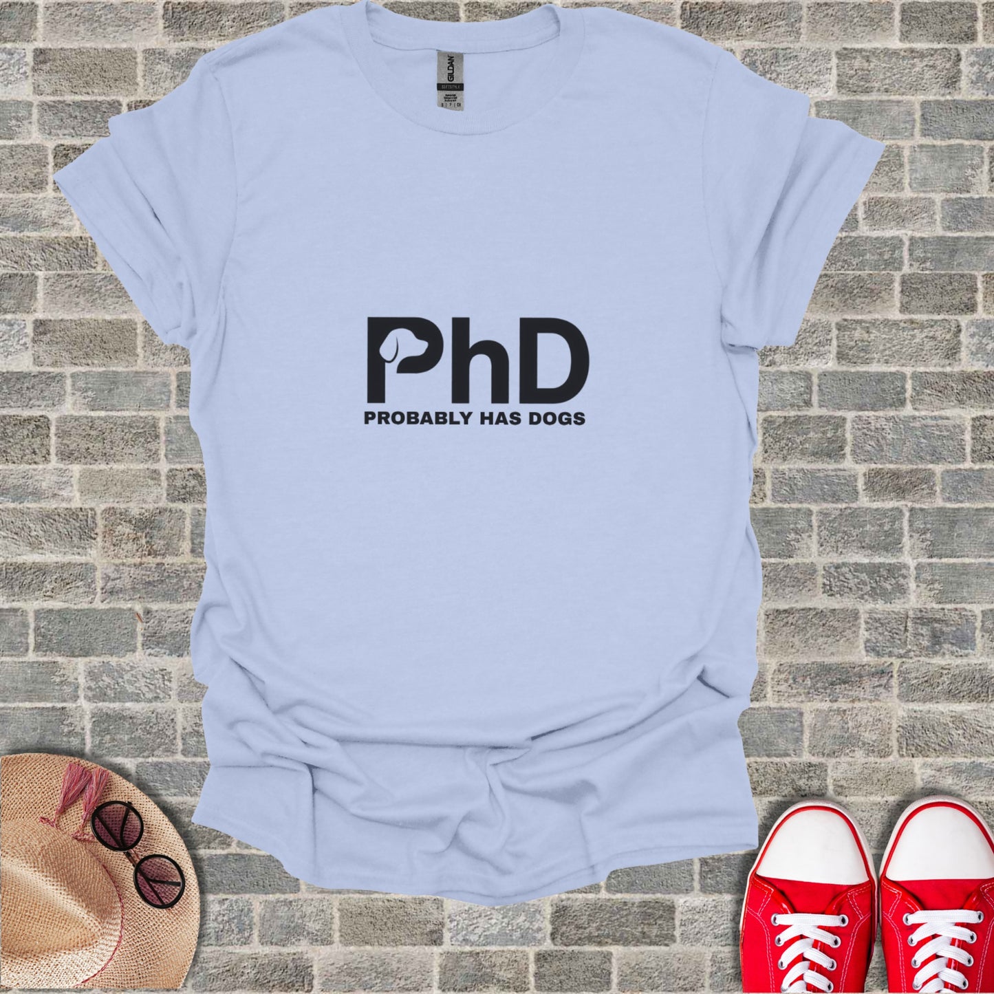 Light blue t-shirt with "PhD PROBABLY HAS DOGS" text.