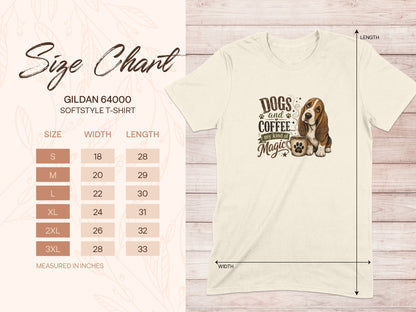 Gildan 64000 size chart for t-shirts with graphic of a basset hound.