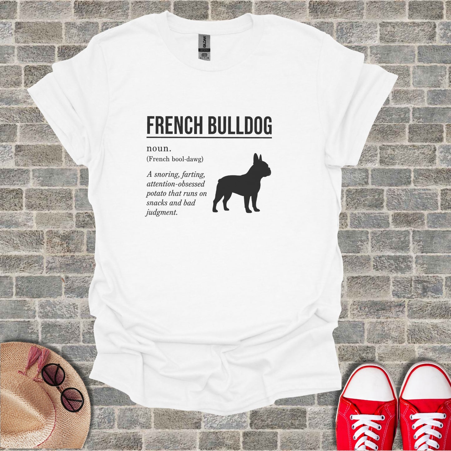 White t-shirt with "French Bulldog" definition and silhouette.