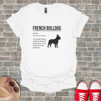 White t-shirt with "French Bulldog" definition and silhouette.