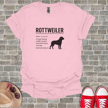 Pink t-shirt with "ROTTWEILER" text and a silhouette of a Rottweiler dog.