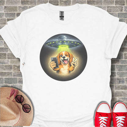 Cute Dog Selfie with UFO Graphic T-Shirt