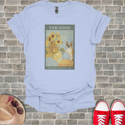 Light blue t-shirt featuring Van Gogh's Sunflowers with a French bulldog.