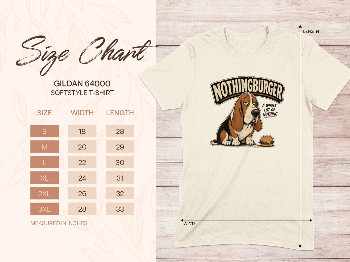 Gildan 64000 size chart with dog wearing t-shirt and text "Nothingburger".