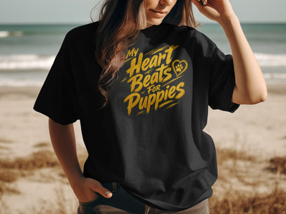 Black t-shirt with yellow text "My Hearts for Puppies" and a paw print.