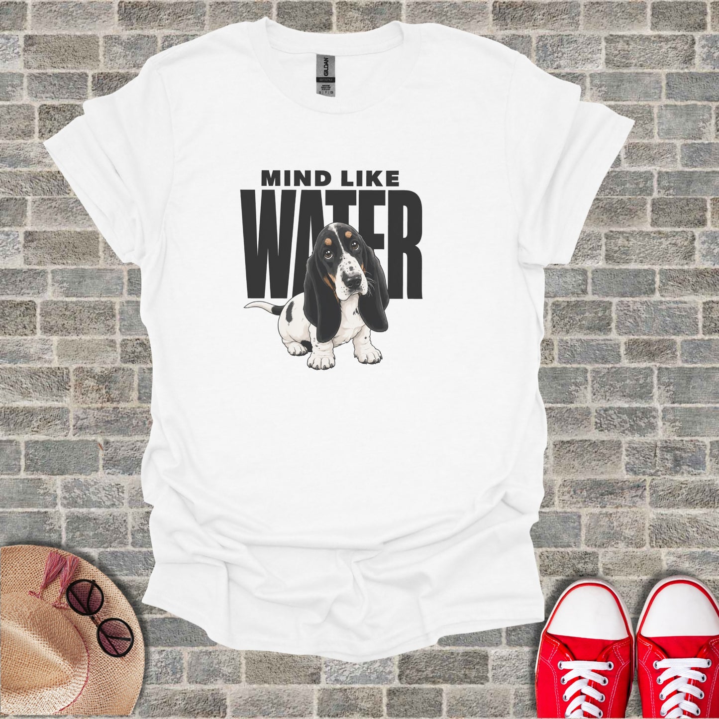 White t-shirt with "MIND LIKE WATER" and a Basset Hound graphic.