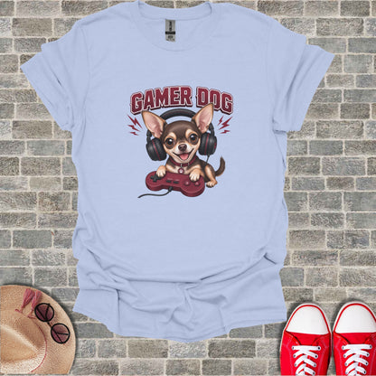 Light blue t-shirt with a cartoon dog wearing headphones and holding a video game controller.