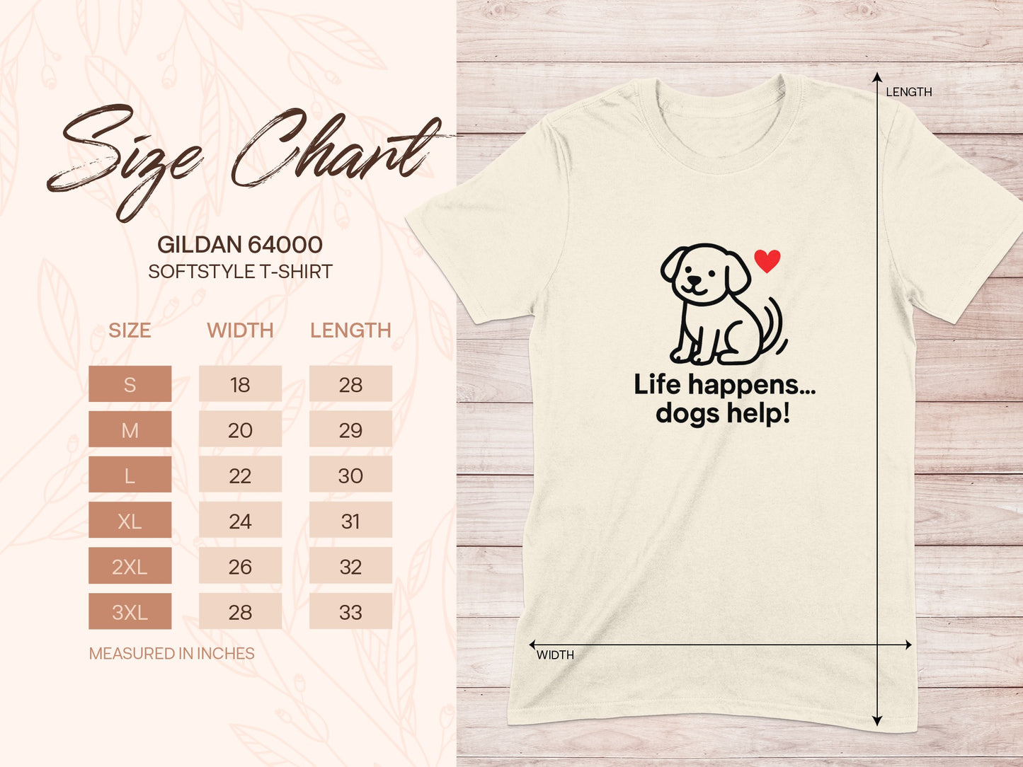 Gildan 64000 Softstyle T-Shirt size chart with measurements and dog graphic.