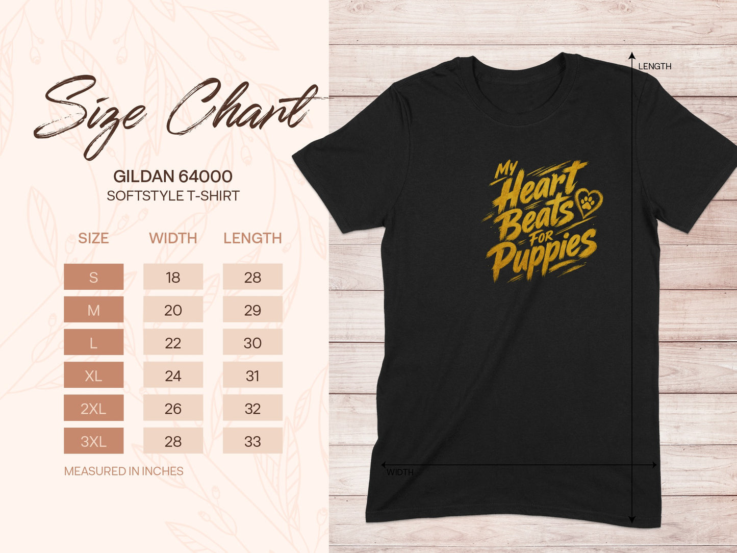 Gildan 64000 size chart for softstyle t-shirt with shirt graphic.