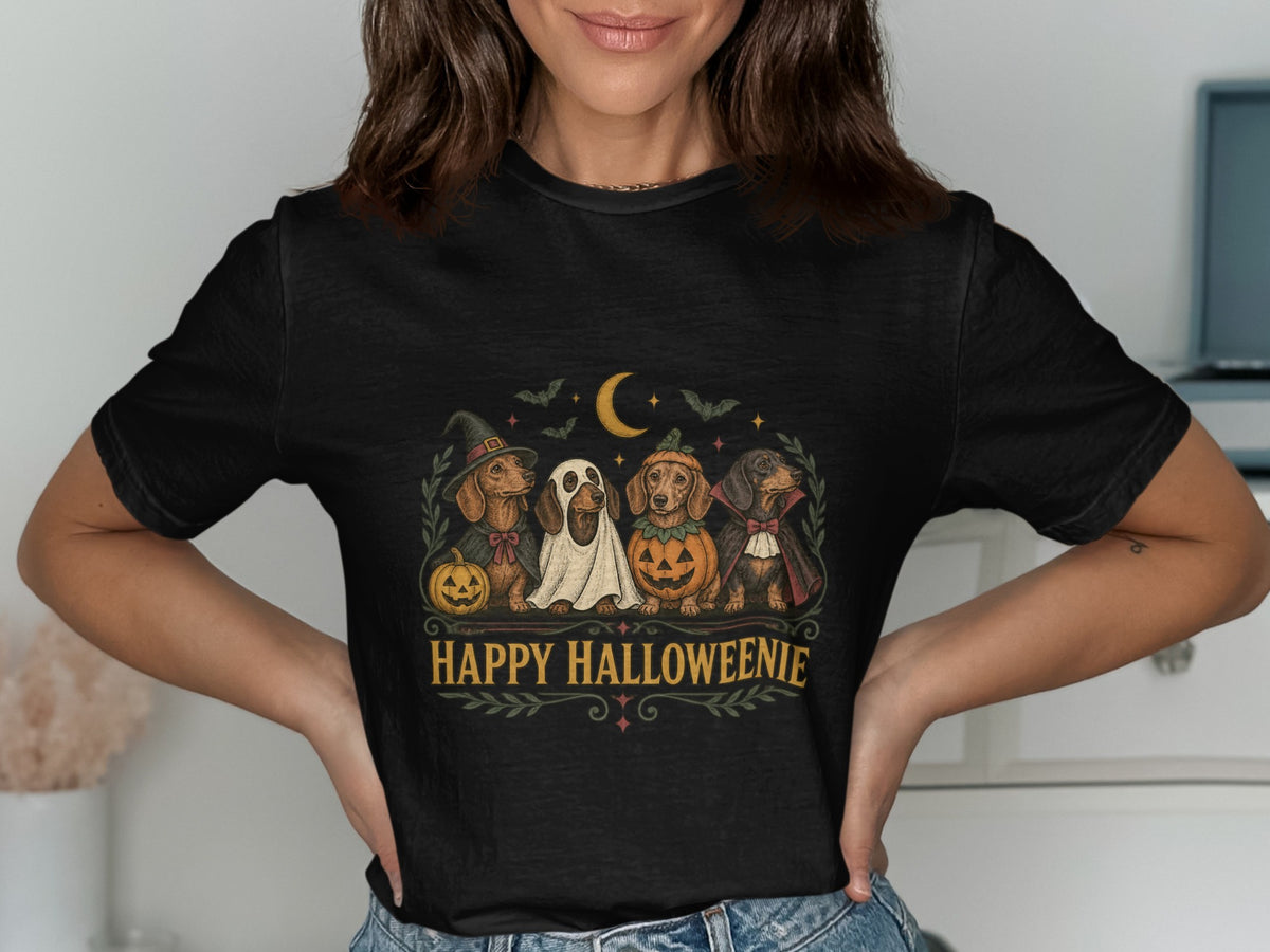 Four dachshunds in Halloween costumes with text "Happy Halloweenie" below.