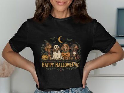 Four dachshunds in Halloween costumes with text "Happy Halloweenie" below.