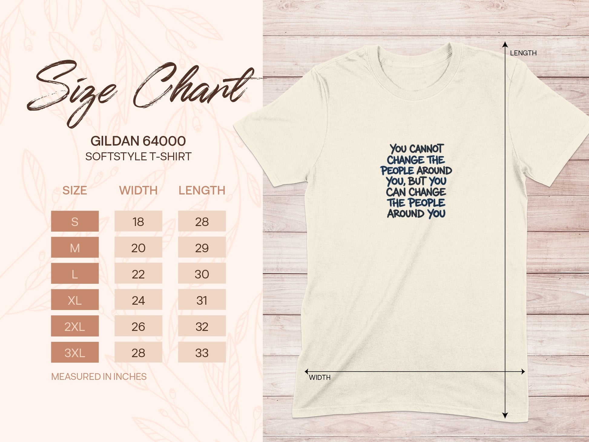 Gildan 64000 Softstyle T-shirt size chart with printed text.